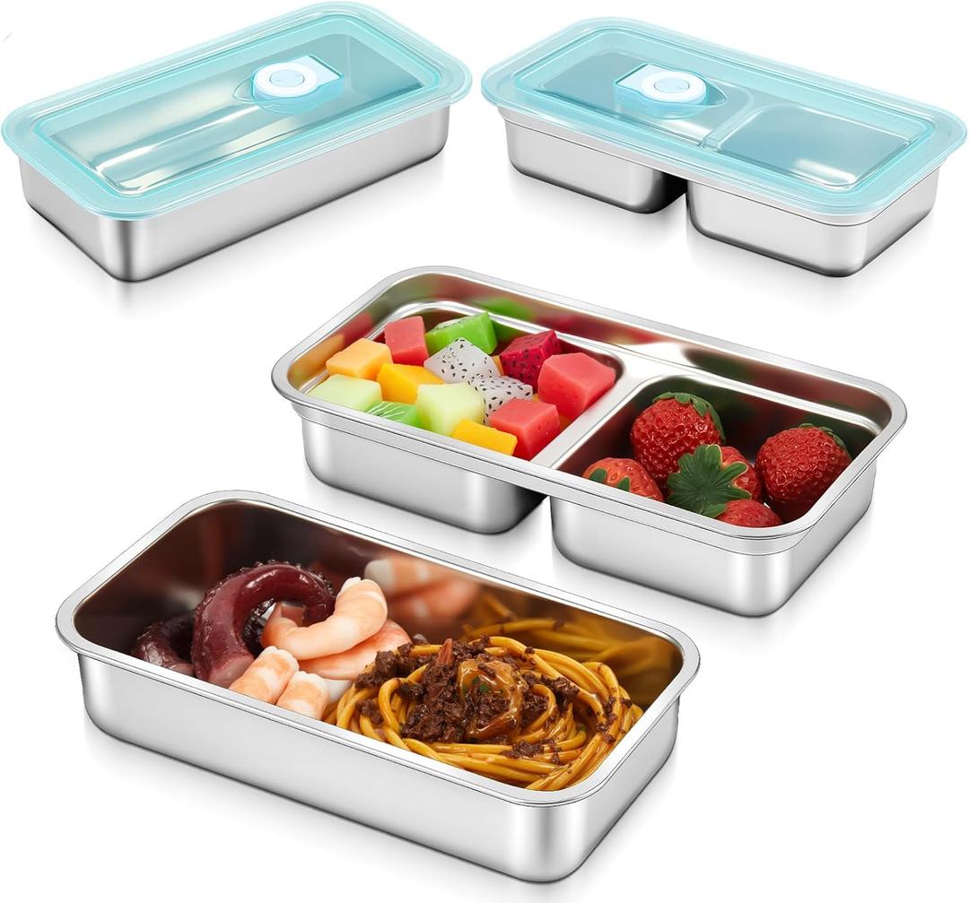 4 Pcs Stainless Steel Snack Containers, Grab and Go Snack Containers Reusable, Double Compartment Condiment with Lid Stainless Steel Food Storage for Classroom Travel and Outdoor Camping