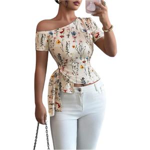 Women's Off The Shoulder Tops Floral Graphic Tees Knot Side Short Sleeve Elegant Crop Tshirts (White, L)