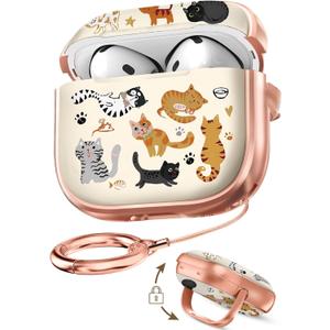for AirPods 4 Case with Safety Lock - Cute Cartoon for Women Girls Fashion Stylish Cats Pattern Design Kawaii Girly Girlish Hard Protective Cover for AirPods 4th Generation 2024