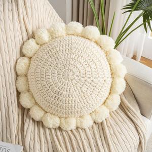 Boho Round Throw Pillow Accent Pillows for Bed Circle Pillow Covers with Insert Decorative Chunky Knit Pillow Cute Pom Sun Flower Funky Unique Decor Couch Bedroom Living Room Nursery 18x18