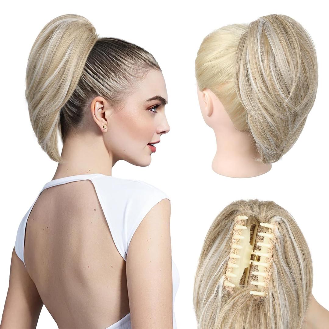 NTYNTY Ponytail Extension - 10" Short Claw Clip in Ponytail Hair Extensions Messy Bun Hair Piece Natural Soft Synthetic Straight Pony Tail Hair Pieces for Women - Ash Blonde with Highlights