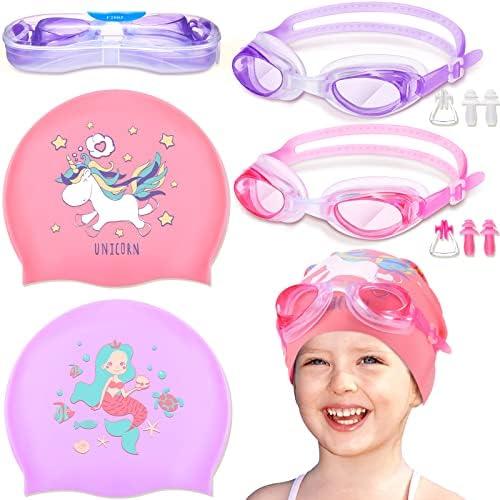 8 Pack Kids Swim Caps for Girls, Silicone Swimming Cap for Age 6-14 with Goggles Ear Plug Nose Clip for Children Boys Girls