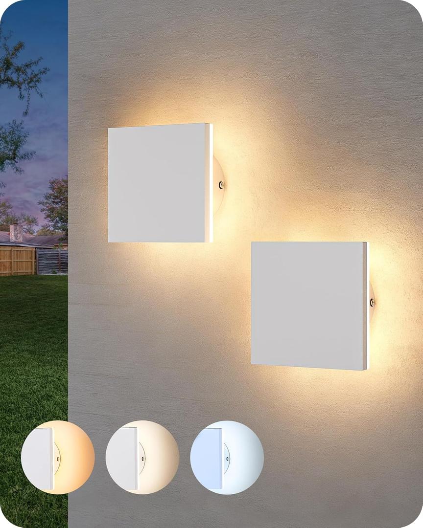EDISHINE 2 Pack LED Outdoor Wall Lights Exterior/Interior, 3000K-5000K Dimmable Wall Sconce, Small Square Modern Exterior Lighting Fixtures, IP65 Waterproof Aluminum Outside Porch Light, White