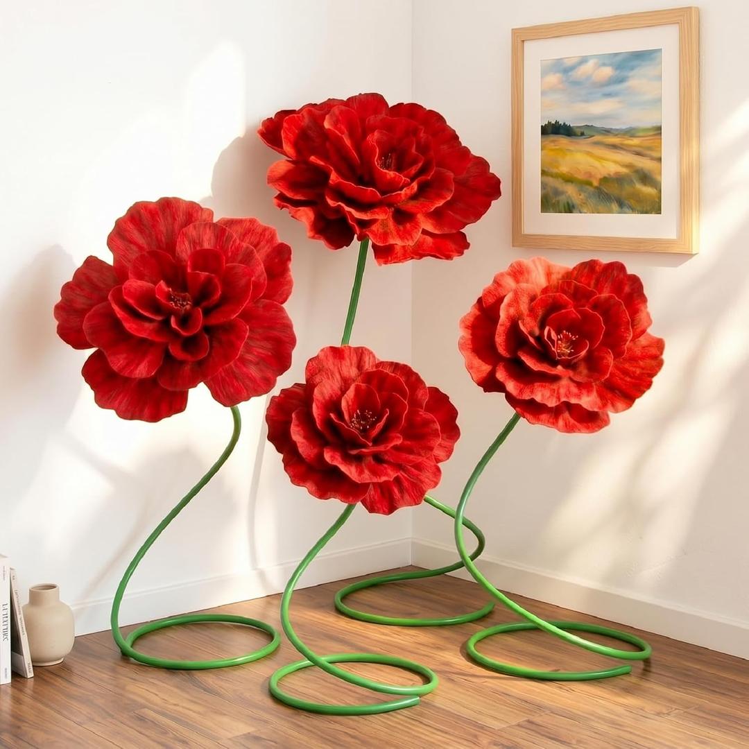 4 Pcs 5ft Large Peony Flowers Giant Artificial Red Peony Standing Huge Handcrafted Flower for Window Reception Banquet Ceremony Floral Decor Garden Hotel Office Birthday Wedding Party