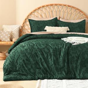 Litanika King Size Comforter Set Emerald Green, 3 Piece Dark Green Boho Tufted Bedding, Forest Green Fluffy Farmhouse Bed Set for All Season with 2 Leaf Pattern Pillowcases（104x90In）