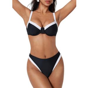 SUUKSESS Women Color Block Underwire Bikini Sets Cheeky High Cut 2 Piece Swimsuit Medium