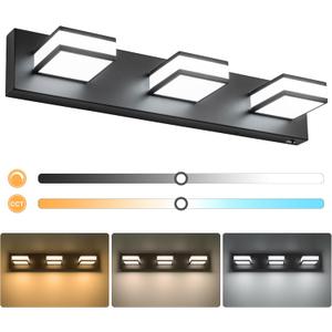 BrkNit Modern LED 3 Light Bathroom Vanity Lights Over Mirror, 24W Dimmable 3CCT Acrylic Black Bathroom Wall Lighting Fixtures with 350° Rotatable Angle, 24 Inch