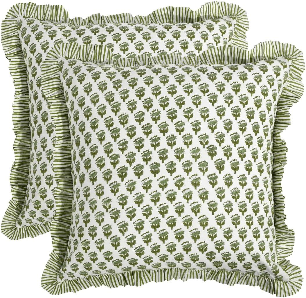 CPC Block Print Ruffle Throw Cover Emerald Green 20"x20" Inch Pack of 2-100% Cotton Ruffle Couch Decorative Boho Pillows Case for Living Room, Bedroom, Sofa, Farmhouse Gift for Spring, Mother's Day