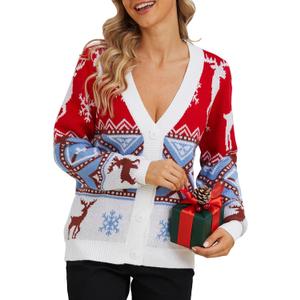 VENTELAN Classic Cardigan Ugly Christmas Sweaters for Women V Neck Button Down Sweater with Fun Patterns and Animals,S-2XL (S)