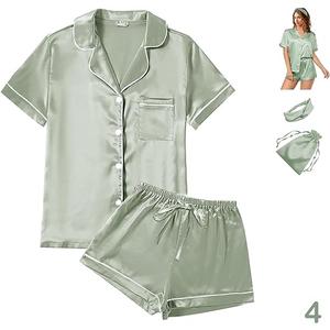 4Pcs Womens Satin Silky Pajama Sets Short Sleeve Shirt XS-4XL Floral Pajamas Set Soft PJ Loungewear Sleepwear, M