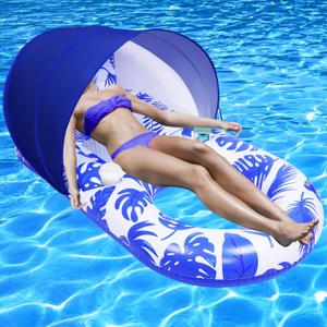 Pool Floats Adult with Canopy, Inflatable Pool Float Lounger Raft with Headrest & Cup Holder, Large Pool Floats for Adults Heavy Duty for Swimming Pool Beach & Lake Sunbathing, Extra Large, Blue 