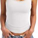 Eachyes Womens Lace Trim Ribbed Tank Tops Scoop Neck Fitted Sleeveless Shirts Cute Going Out Camisole Trendy Summer Outfits (White, L)