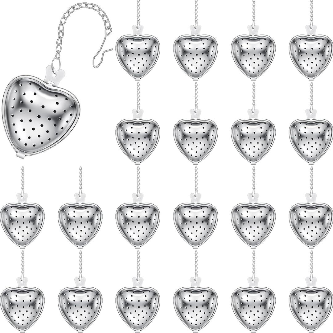 Sumind 25 Pcs Heart Tea Strainer Stainless Steel Ball Infuser Loose Leaf Steeper Interval Diffuser Mesh Filters with Extended Chain Hook for Cup Bottle Tea Party Wedding Bridal Shower(Silver)