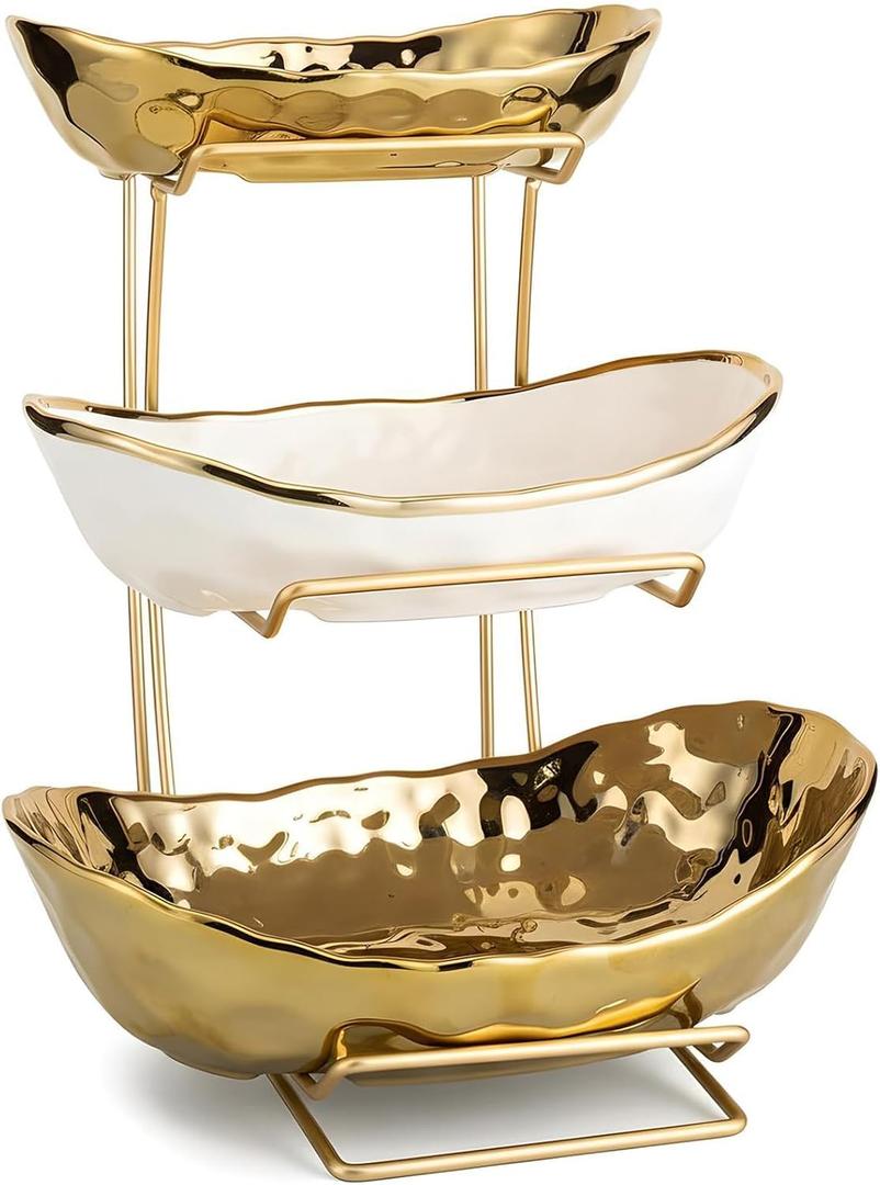 3-Tier Gold Fruit Bowl & Tray with Metal Stand - Ceramic White, Triple Layer for Snacks, Nuts, Bread & Candy Storage, One Size