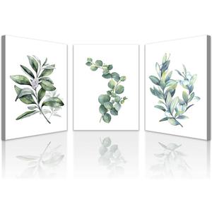 Lapremoly Canvas Wall Art For Living Room Modern Wall Decor For Bedroom Plants Green Leaves Wall Paintings Kitchen Home Decorations Pictures Bathroom Posters Prints Artwork Room Mural Works 3 Piece (12x16inches*3pcs, Green Plant Hang Pictures)