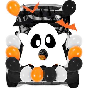JOYIN Halloween Trunk Or Treat Car Decorations Kit for SUV Outdoor White Ghost Decor, Haunted House Archway Sticker with Balloons for Car Garage Door Entryway