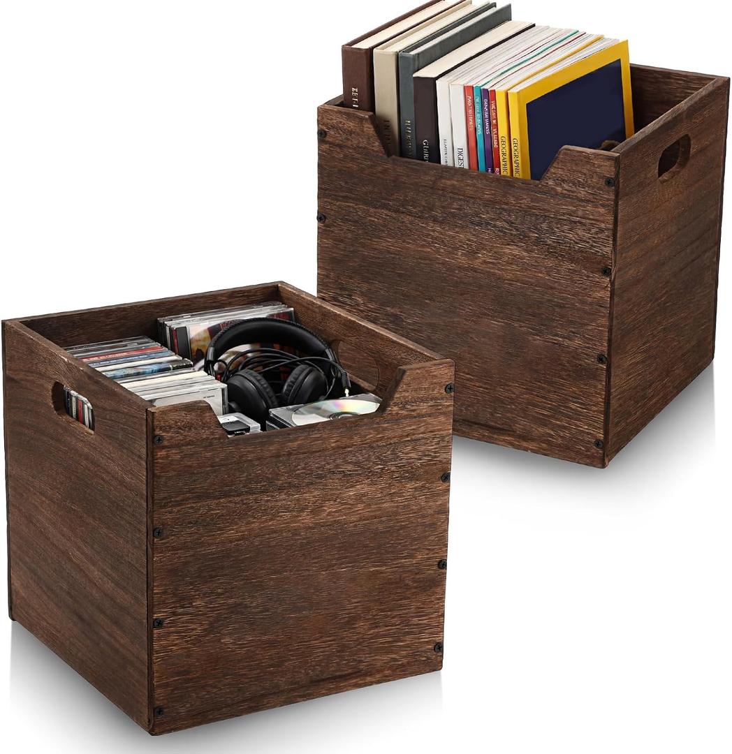 Colingmill 2 Pack Wooden Storage Box Bins Wood Crate with Open Front Stackable Cube Storage Organizer Bins for Books Records Home Pantry Clothes Toy Closet (11 Inch,Brown)