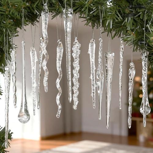 Glass Icicle Ornaments for Christmas Tree Decorations, 32Pcs Clear Glass Icicle Teardrop Hanging Ornaments Pendants for Christmas Tree Frozen Winter Wedding New Year Party Home Decor, 9 Designs