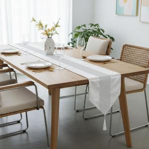 HeMiaor 13inch x 84inch Table Runner with Diamante Strip and Tassels (Creamy White )