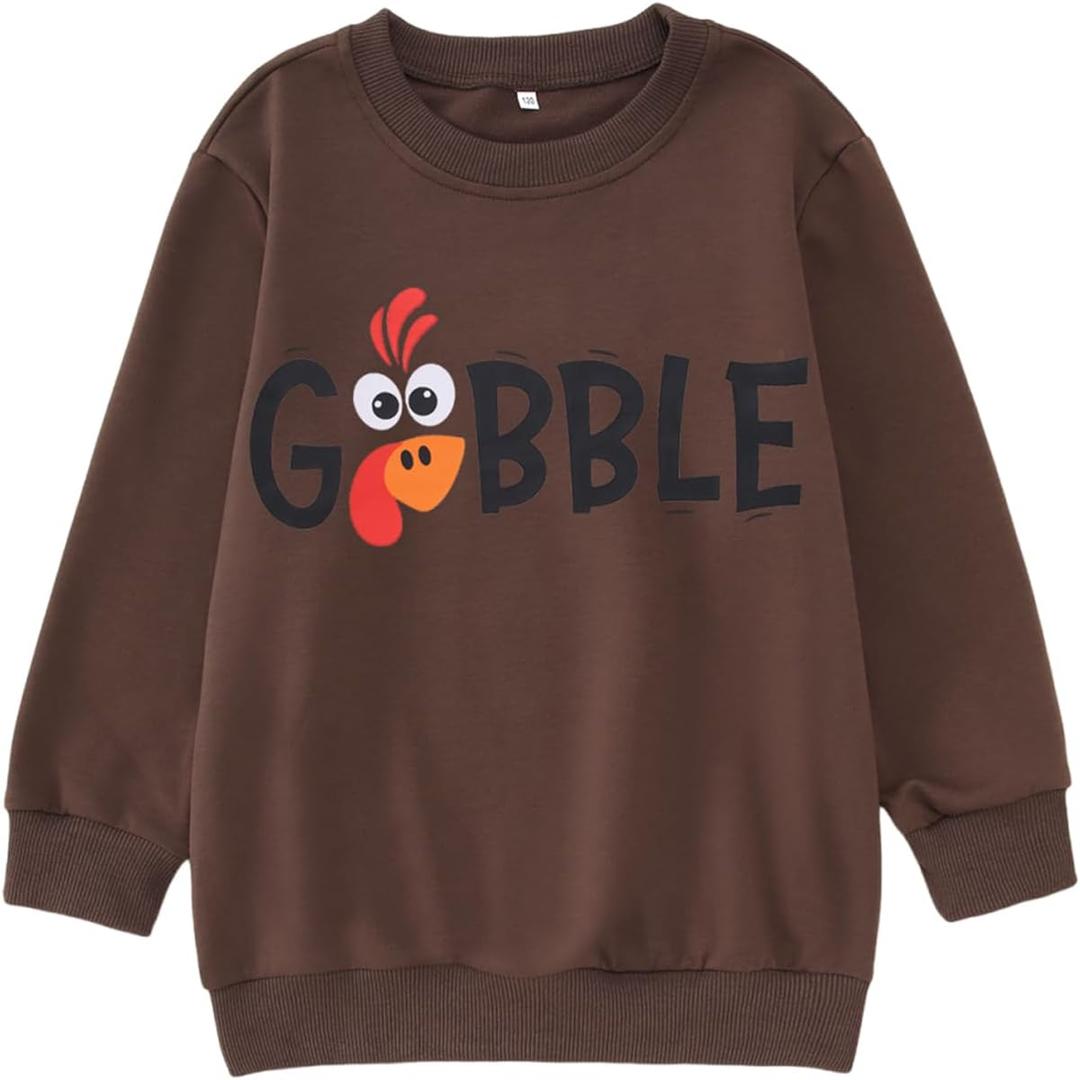 GLIGLITTR Boy Girl Thanksgiving Outfits Kid Gobble Turkey Graphic Sweatshirt Shirt Casual Crewneck Pullover Long Sleeve Top (11-12 Years, Brown)