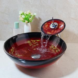 Red Glass Vessel Sink with Faucet and Drain Combo 16 Inch Tempered Glass Bathroom Sink Above Counter, Round Bathroom Basin Bowl, Medium