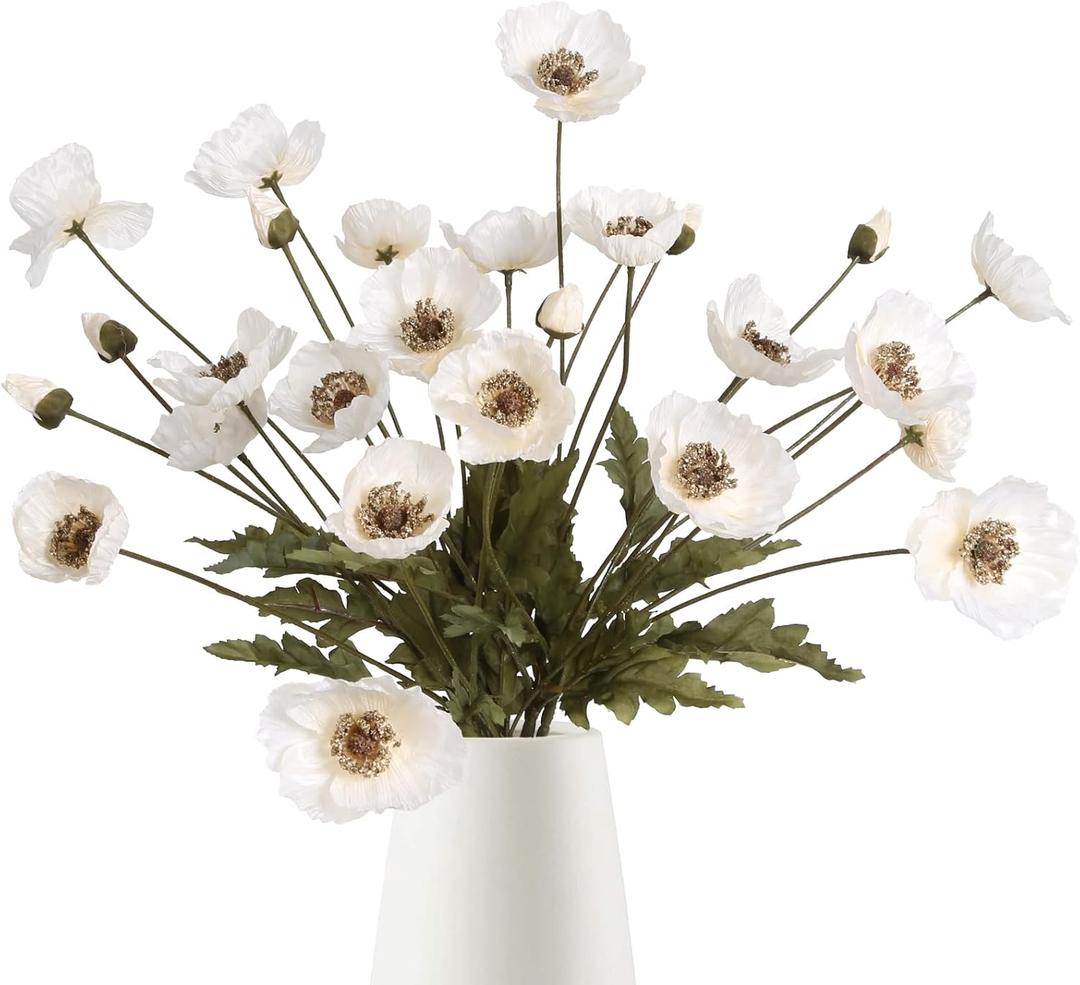 IPOPU White Artificial Poppy Flowers 6pcs Poppies White Artificial Flowers with Stems Silk Flower Arrangements for Wedding Centerpieces for Home Table Bridal Shower Party Decorations (White)