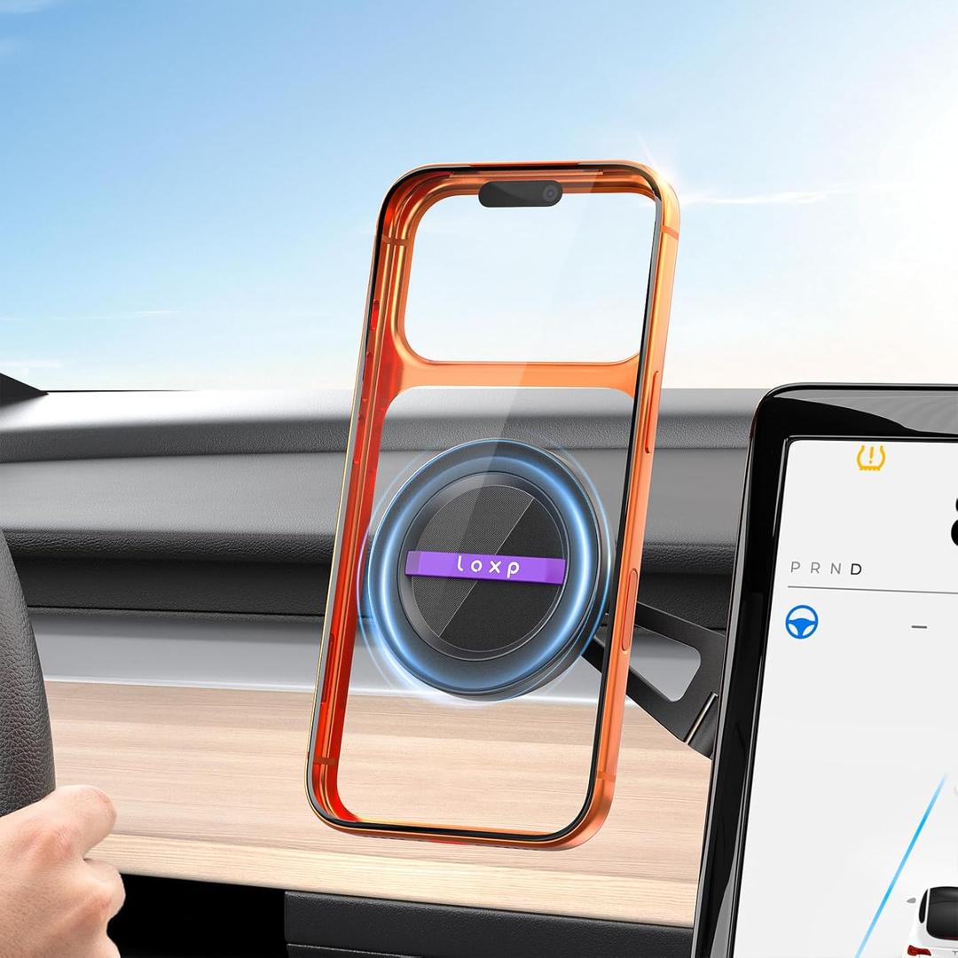 LOXP Upgrade Tesla Phone Mount [Strong Magnetic & Foldable] Aluminum Car Mount for Tesla Model 3/Y/Juniper, 360 Rotating Tesla Phone Holder Fits for iPhone 17 16 15 Pro Max, Tesla Accessories (Metallic Black)