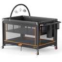 Pamo Babe Pack and Play - Travel Crib with Mattress, Easy Setup Small Portable Playpen for Babies, Lightweight Foldable Baby Playard with Lockable Wheels, Toy Arch & Large Storage Bag - Black