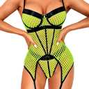 Kaei&Shi Garter Lingerie For Women, Fishnet Mesh Choker Strappy Sexy Lingerie, Rave Outfits Festival Matching 4 Pieces Lingerie Set Blacklight Glow In The Dark Boudoir Neon Green Black, Medium Corset