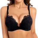 Push Up Thick Padded Deep Plunge Lace Underwire T Shirt Sexy Bra Lift Up Add 2 Cups (30B, Black)