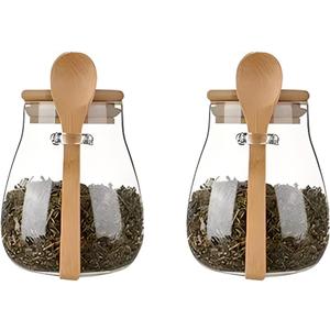 Airtight glass jar storage container with bamboo lid Set of 2, wide mouth, leak-proof, With a spoon, can be used for coffee beans, tea leaves, grains, dried fruits, etc (Small)