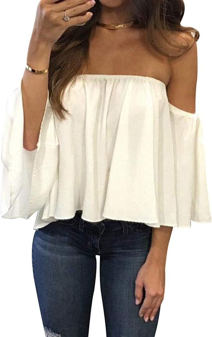Bluetime Women Summer Off Shoulder Chiffon Blouse Ruffles Short Sleeves Tops Casual T Shirt (XXL, White)