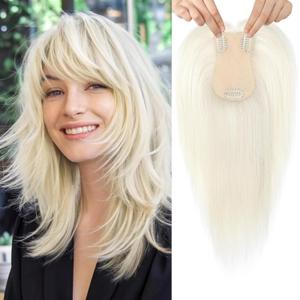 Flufymooz 100% Real Human Hair Toppers, 12 Inch Human Hair Toppers for Thinning Hair Large Hand-woven Area 360 Coverage Natural Hairpiece Wiglet for Women Daily 5"x3" Silk Base (White Blonde)