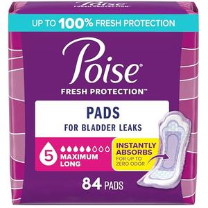 Poise Incontinence & Postpartum Pads for Bladder Leaks, 5 Drop Maximum Absorbency, Long Length, 84 Count, 2 Pack