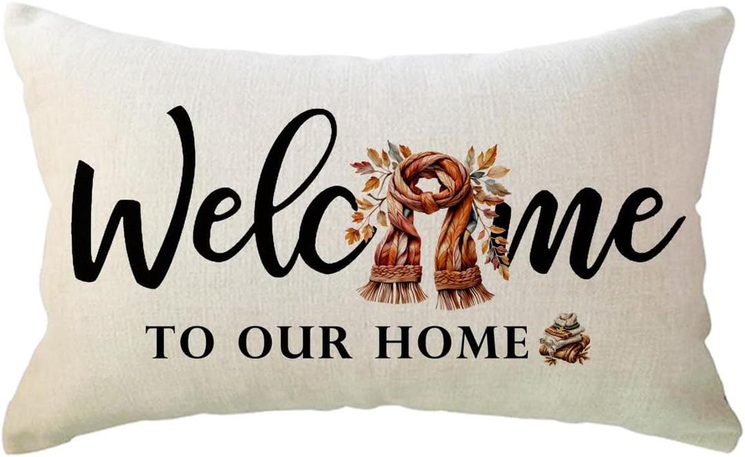 Fall Welcome Throw Pillow Covers 12 x 20 Inch Farmhouse Autumn Seasonal Holiday Decorative Lumbar Pillowcases Scarf Maple Leaves Cushion Covers for Front Porch Decor Housewarming Gifts (Brown)