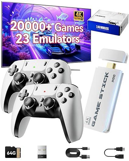 Retro Gaming Console, 20,000+ Retro Game Stick, 23 Emulators, 4K HD HDMI TV Game Stick, Built-in Classic Video Games, Plug & Play Game Console for TV 2 Wireless Controllers (Black)