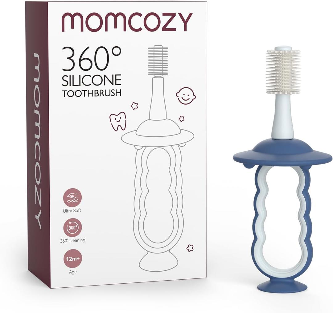 Momcozy Baby Toothbrush, Toddler Toothbrush 1-2, Infant Tooth Brush 6 to 12 Months and up, Oral Cleaner, Baby Tongue Cleaner, Blue
