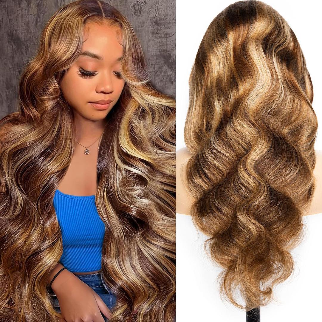 #4/27 Ombre Highlight Lace Front Wigs Human Hair Pre Cut 5X5 Glueless Honey Blonde Body Wave Wigs for Women Pre Plucked with Baby Hair Lace Closure wig 200% Density24inch