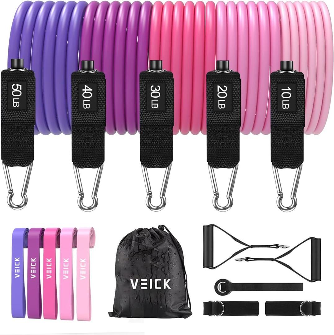 VEICK Resistance Bands, Exercise Bands, Workout Bands, Resistance Bands for Working Out with Handles for Men and Women, Exercising Bands for Fitness Weights Work Out at Home (Pink Purple)