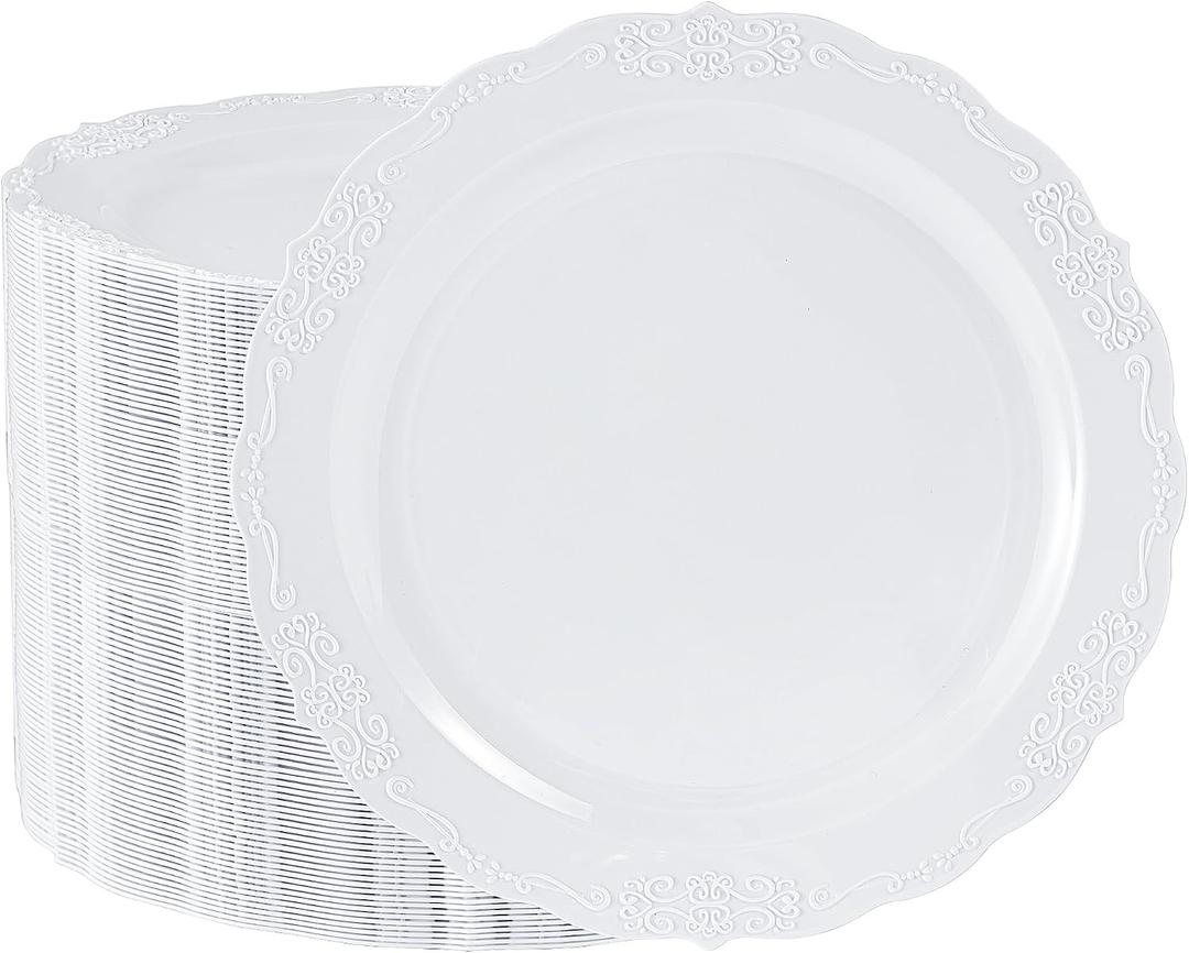 100 Pieces White Plastic Plates - 10.25inch Dinner Disposable Plates - Premium Heavy Duty Hard Disposable Dinner Plates - Party Supplies for Birthdays, Celebrations, Thanksgiving Wedding