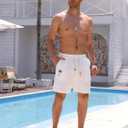 Men's Cotton Shorts Drawstring Waist Embroidered Tree Summer Vacation Beach Shorts (Medium, White)