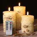 Eywamage Birch Bark Flameless Pillar Candles with Remote, Flickering Rustic Battery LED Wood Candles Set of 3