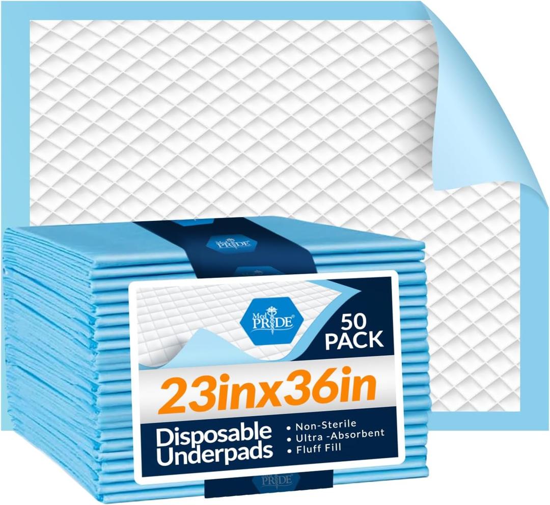 MED PRIDE Disposable Chux Pads 23in X 36in, Super Absorbent Bed Pads for Incontinence, Underpads for Adults, Kids, Pets (50 Count (Pack of 1) Blue/White)