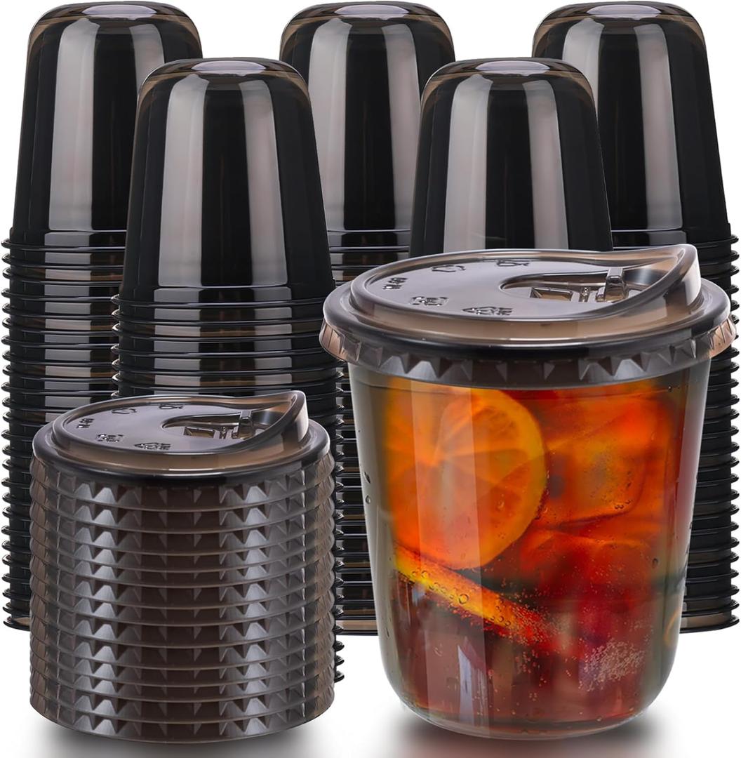 12oz Disposable Stemless Glasses With Strawless Sip Lids,PET Disposable Drinking Cups,Clear Plastic Wine Glasses for Parties Birthday,Wedding,Meeting,Christmas Party Supplies. (100, Black)