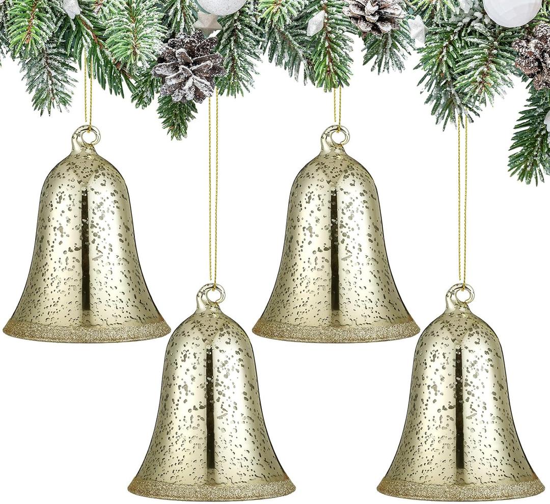 Soaoo 4 Pcs Christmas Glass Hanging Bells Ornaments 4 x 3 Inch Retro Gold Glass Blown Bells Pendant for Xmas Vintage Rustic Farmhouse Tree Stairs Fireplace Mantle Garland Door Decoration Supplies