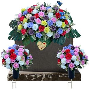 ALL SPECIAL Artificial Flower for Grave Gravestone Decorations, 3 Pack Gravesite Flowers, Cemetery Graveside Bouquets Roses, Tombstone Headstone Saddle Florals Never Be Blown Away (Colorful)