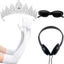 Princess White Tiara Gloves Sunglasses Headphones, Princess Costume Accessories Women Bachelorette Party Decorations (4 Pcs - Style c)
