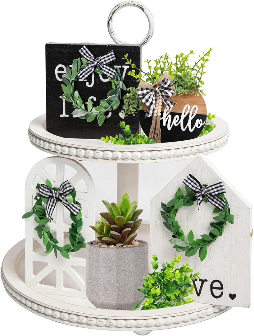 GENMOUS & CO. 2 Tiered Beaded Tiered Tray, Wooden Farmhouse Decoration for St Patrick's Day, with 3pcs Signs and 1pc Wood Bead Garland for Country Rustic Home Coffee Table Decor