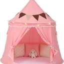 Play Tent with Padded Mat, Star Lights and Flags, Large Princess Tent Kids Play Tent, Indoor Outdoor Game Playhouse, Portable Children Yurt Tents, Birthday Gift for Girls, 47''x45'', Pink