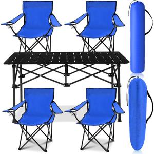 5 Pcs Summer Portable Camping Chair and Folding Camping Table Set Outdoor Oxford Fabric Folding Chair Lawn Portable Camp Table with Cup Holder Carry Bag for Travel Fishing Sport(Blue)
